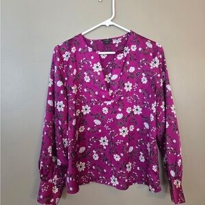 Ann Taylor Women's Magenta Floral V-Neck Long-Sleeve Blouse